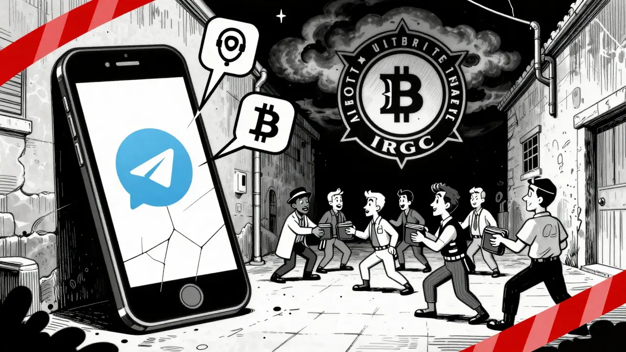 Iranians trade crypto via Telegram in secret, watched by hidden authorities.
