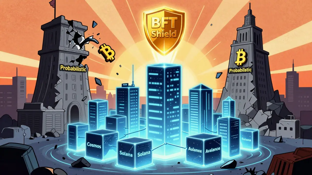 Modern BFT blockchain city shining with a golden shield over a crumbling old system.