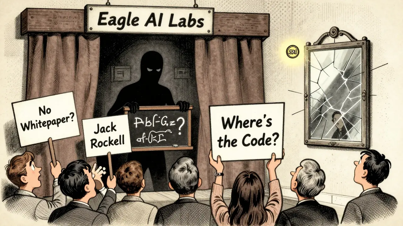 Mysterious figure behind 'Eagle AI Labs' curtain with confused traders holding question signs.