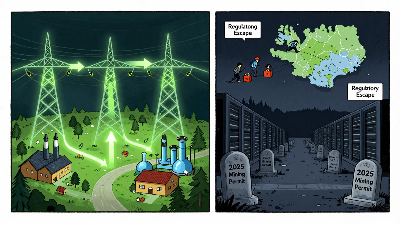 Norway’s power flows to factories while abandoned mining centers sit empty, with miners fleeing to other countries.