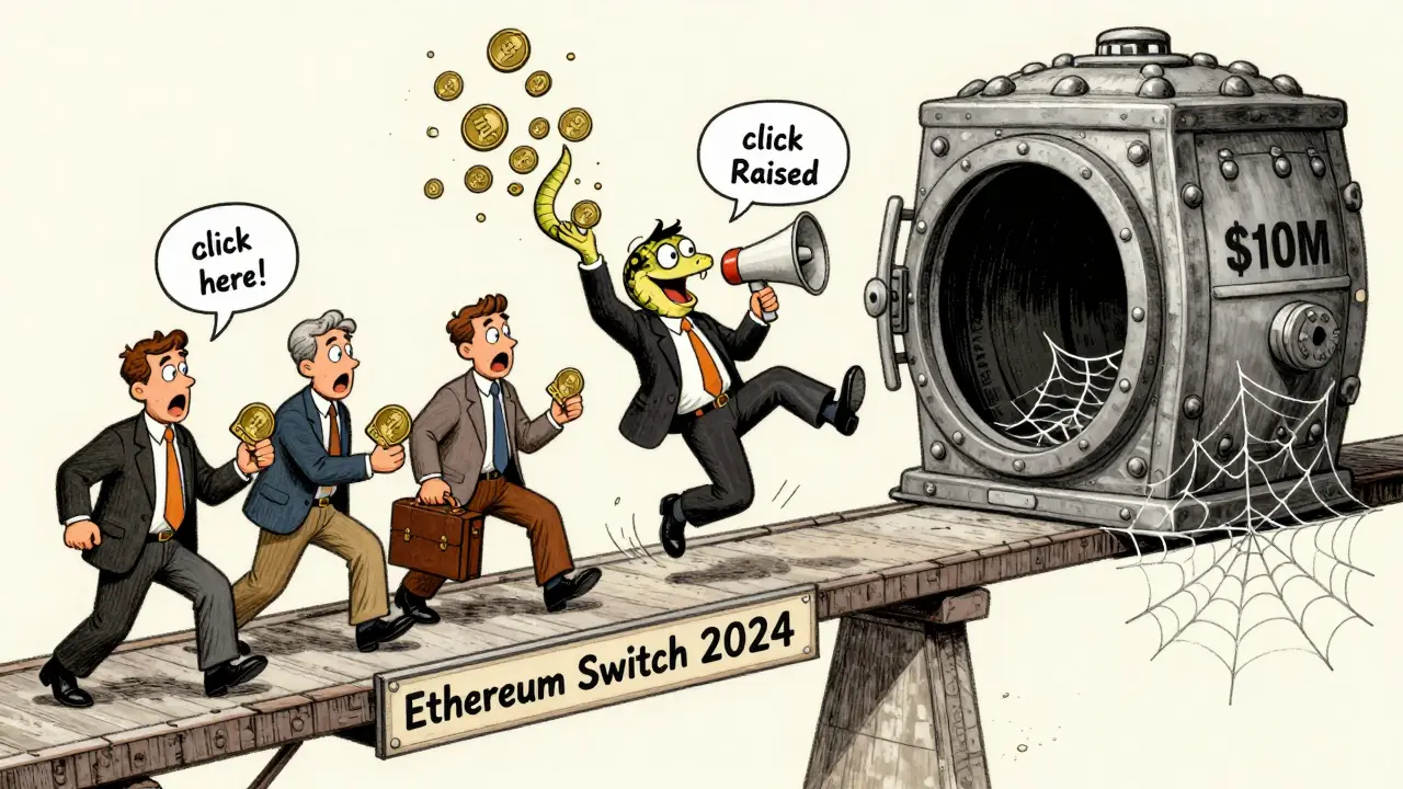 Panic among investors crossing a bridge during a chaotic crypto token swap, in vintage cartoon style.