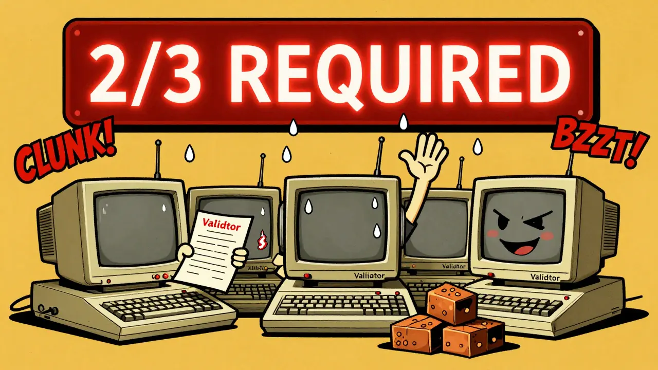 Retro computers voting on transactions, some cheating with sneaky grins.