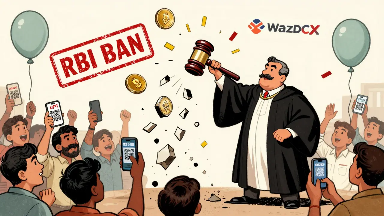 Supreme Court judge smashing the RBI ban with a gavel as crypto coins burst into confetti.