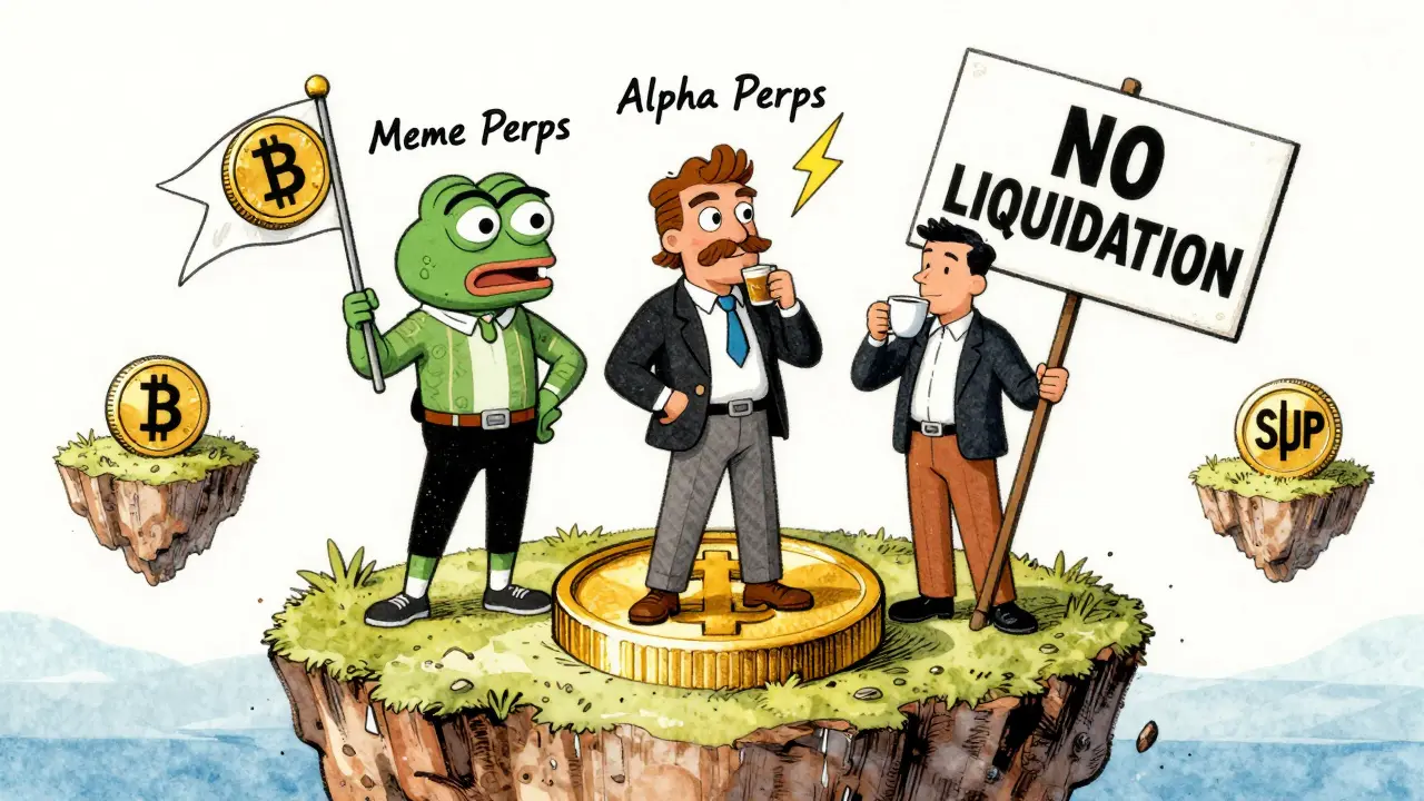 Three traders representing Meme, Alpha, and NoLiquidation Perps standing on a $SUP token platform in vintage cartoon art.
