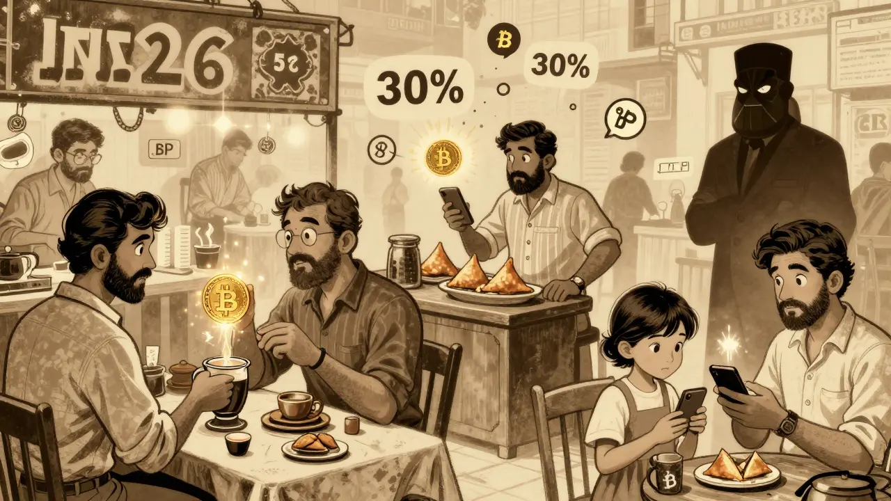 Vibrant 2026 Indian crypto market where Bitcoin is traded for chai, with UPI icons glowing.