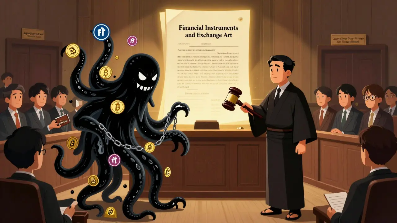 Vintage cartoon courtroom scene where a crypto monster is chained by a judge under Japan's FIEA law.