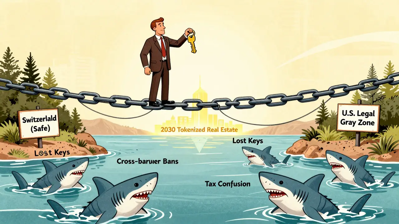 Vintage cartoon of an investor on a blockchain bridge, surrounded by sharks labeled legal risks, with safe and risky shores.