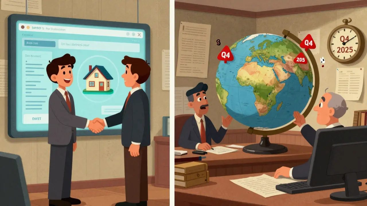 Vintage cartoon split scene: digital blockchain transaction vs. chaotic paper office with global warning signs.