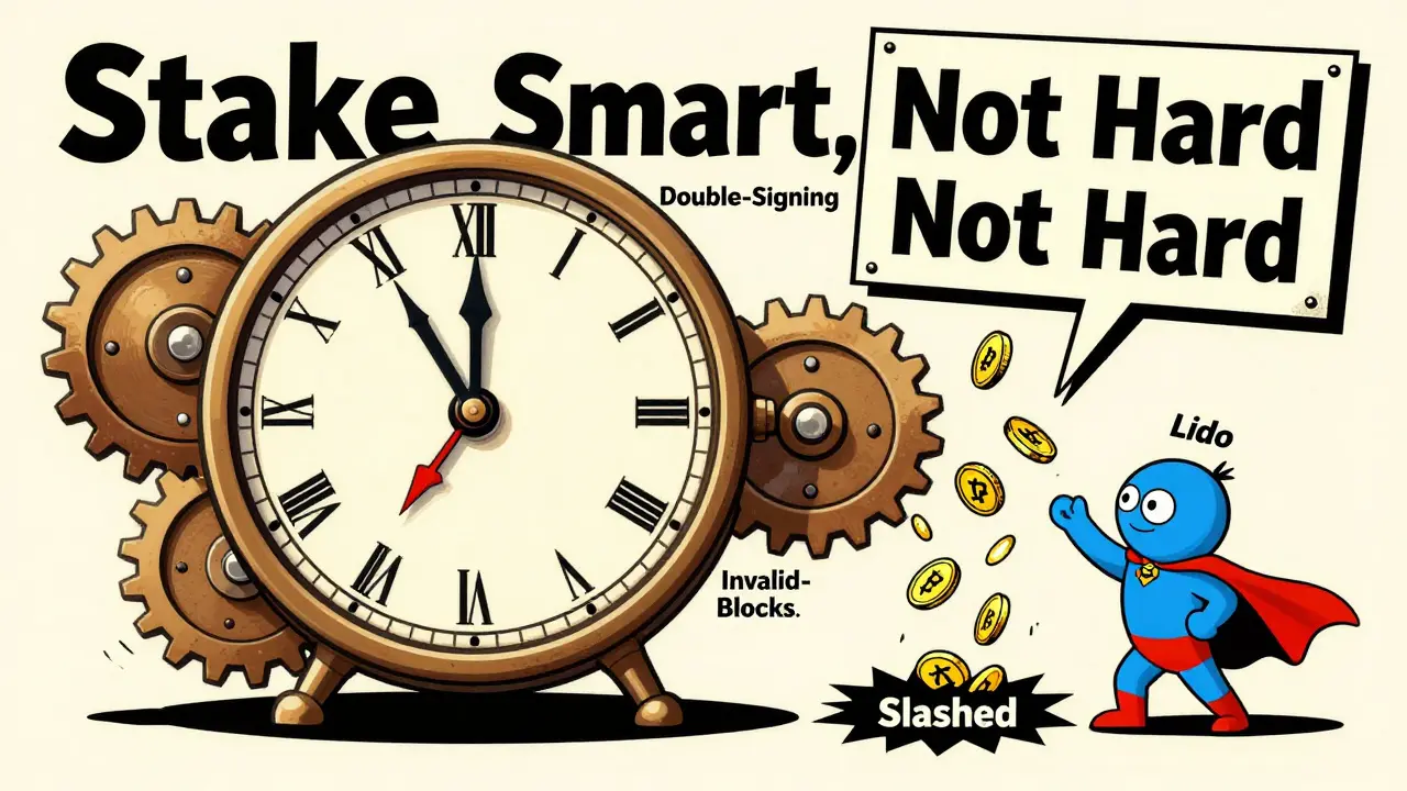 A blockchain clock with broken gears spilling ETH into a slash hole, while a superhero service saves the coins.