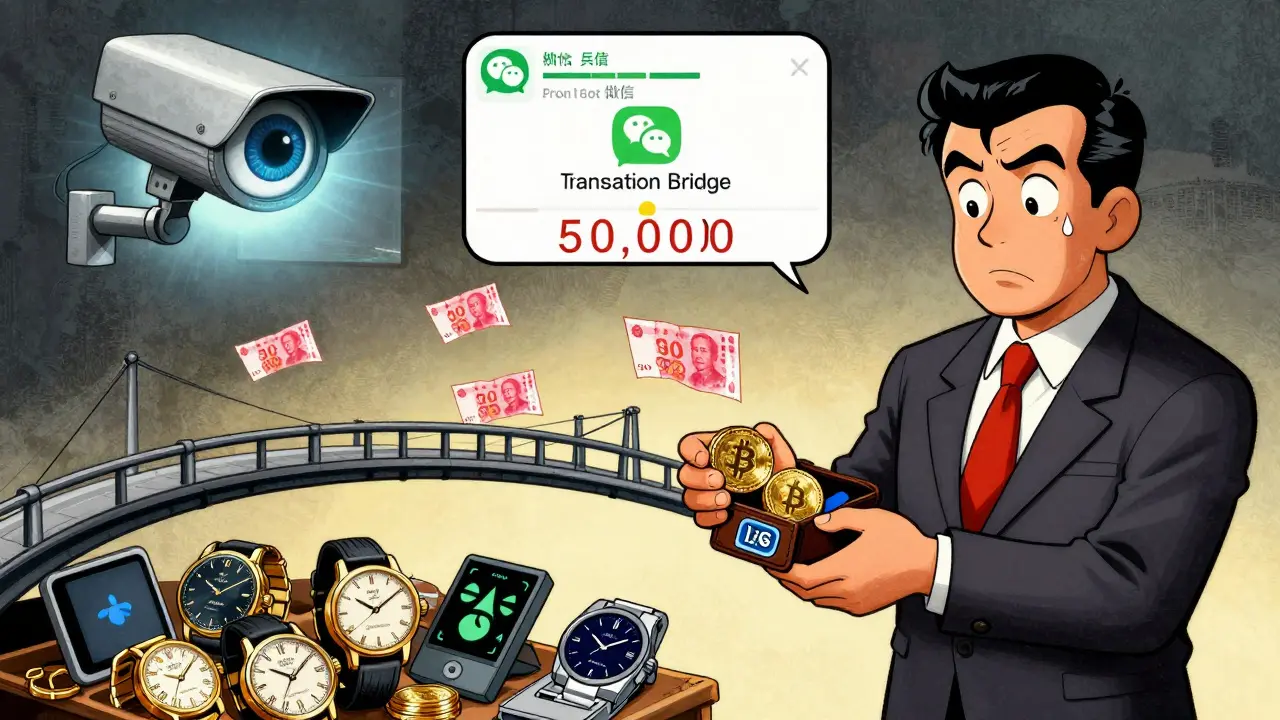 A businessman splitting bank transfers to avoid detection while using a trusted middleman.