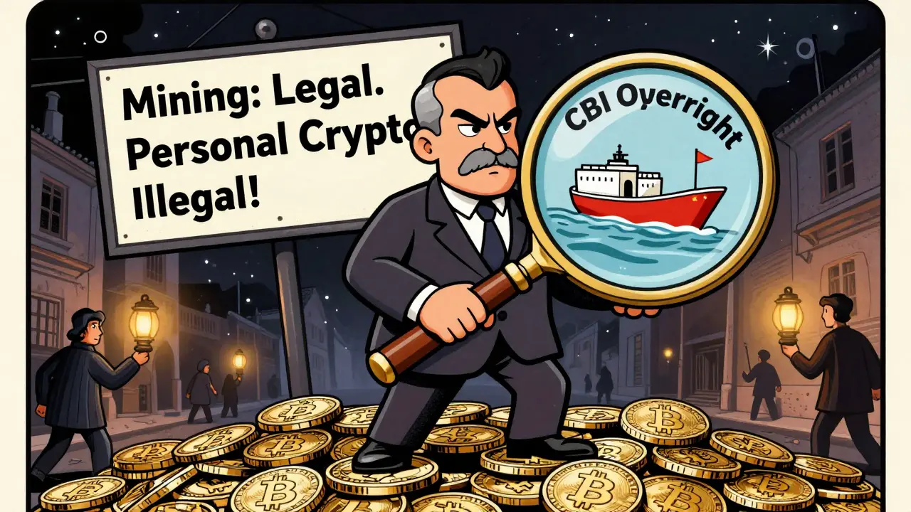 A Central Bank official oversees crypto trade through a magnifying glass, while citizens struggle under power cuts and strict crypto rules.