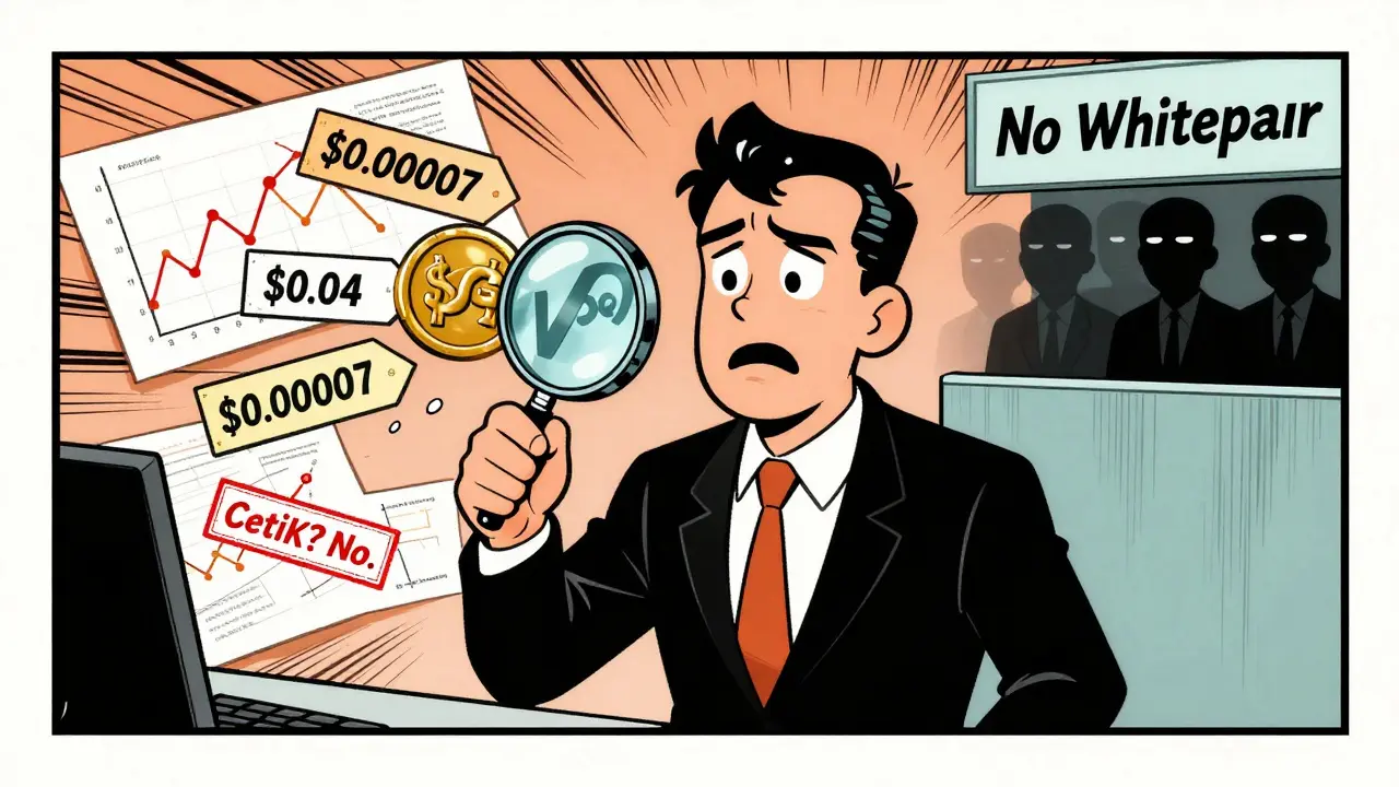 A confused investor comparing conflicting VSG price tags surrounded by fake audits and a hidden team.