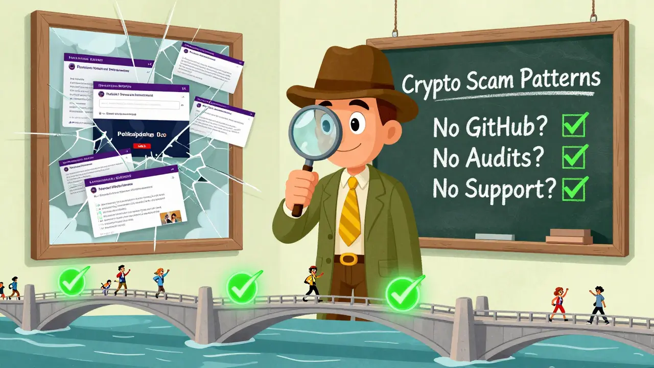 A detective confirms crypto scam patterns as fake Purple Bridge sites vanish, while real bridges glow with verification checkmarks.