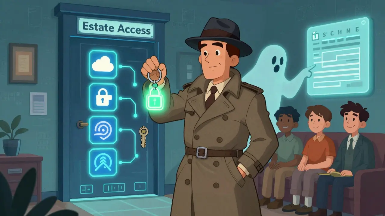 A detective-like digital executor unlocks a door marked 'Estate Access' with glowing crypto keys, as a ghostly figure guides them.
