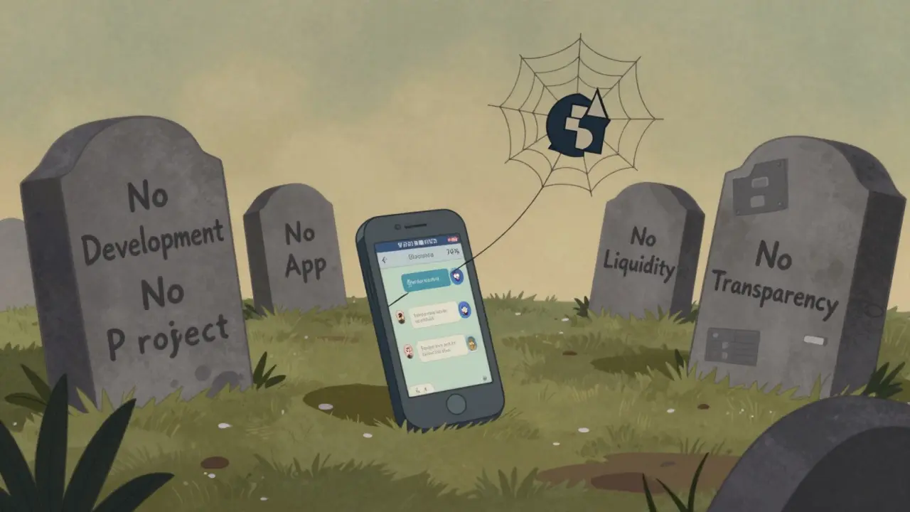 A graveyard of failed project elements with tombstones and a lonely Discord screen.