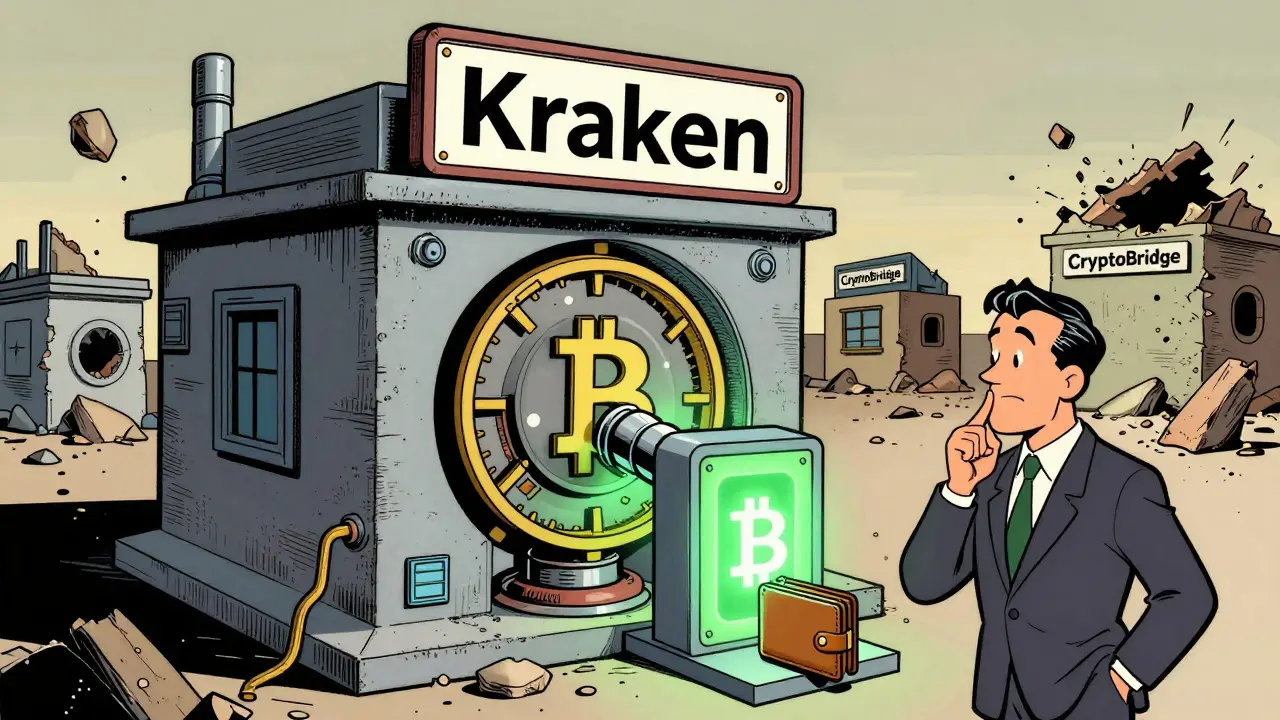 A large crypto exchange with a smooth TRP machine processing transactions while smaller exchanges collapse in the background.