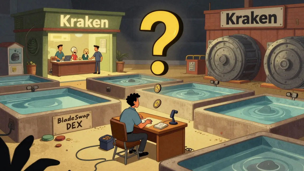 A lone trader at a tiny exchange desk surrounded by empty pools while a massive secure exchange looms in the distance.