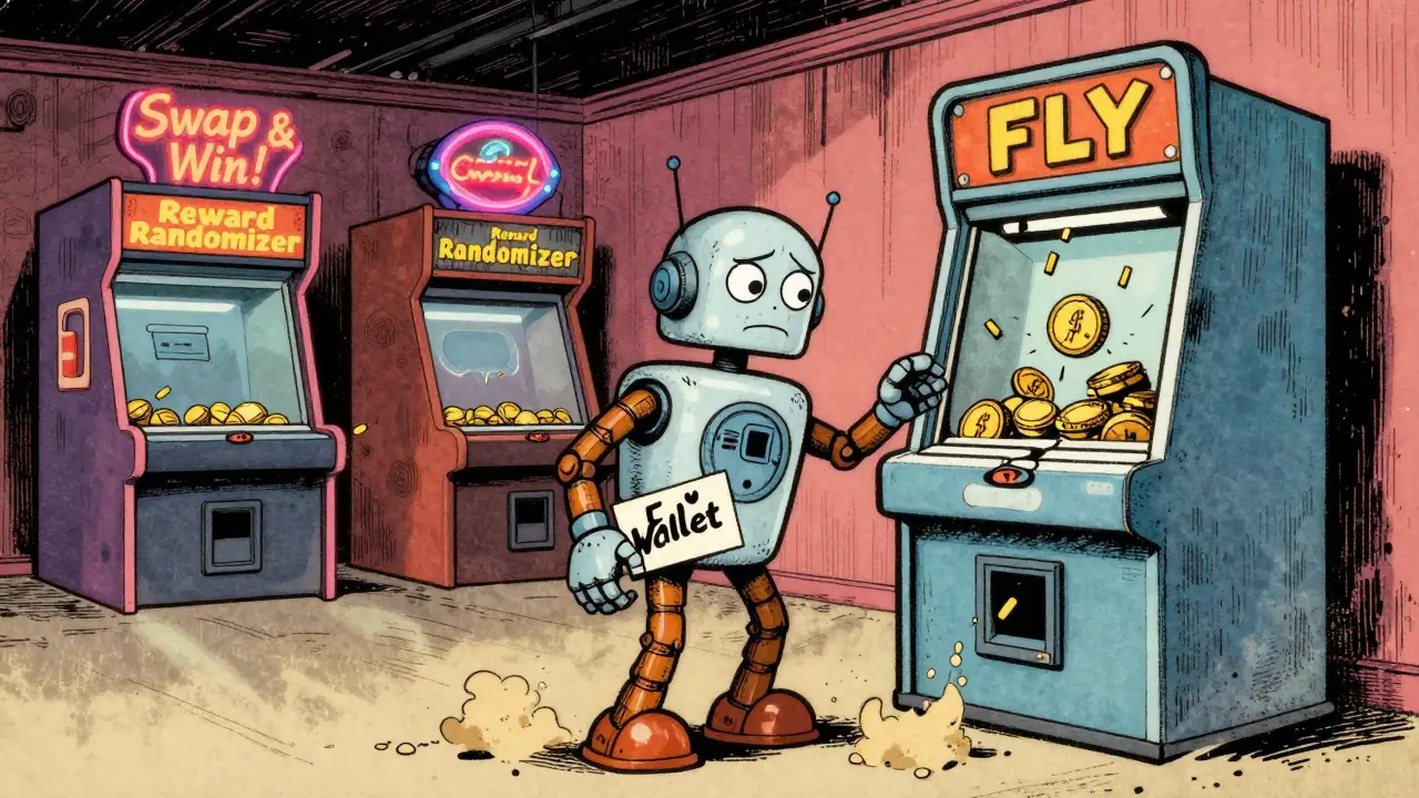 A lonely robot stands before a deserted DeFi arcade with flickering signs, a single FLY token tumbling down a slot machine.