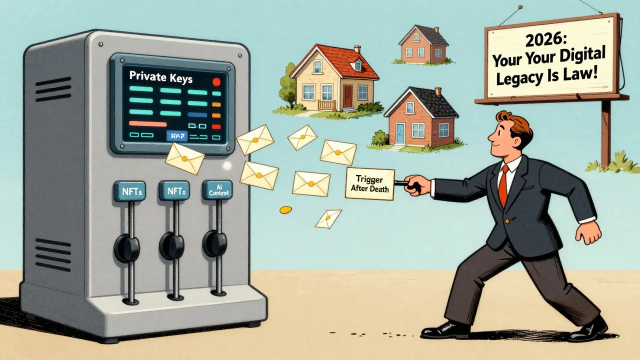 A machine releases encrypted envelopes to heirs as a man activates a 'Trigger After Death' lever, with a billboard reading '2026: Your Digital Legacy Is Law.'
