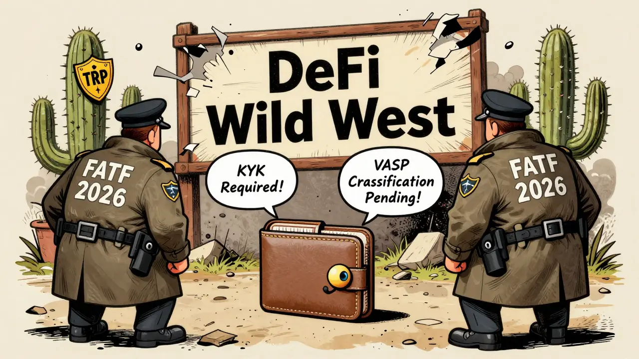 A MetaMask wallet character cornered by FATF agents near a crumbling DeFi Wild West sign in retro cartoon style.