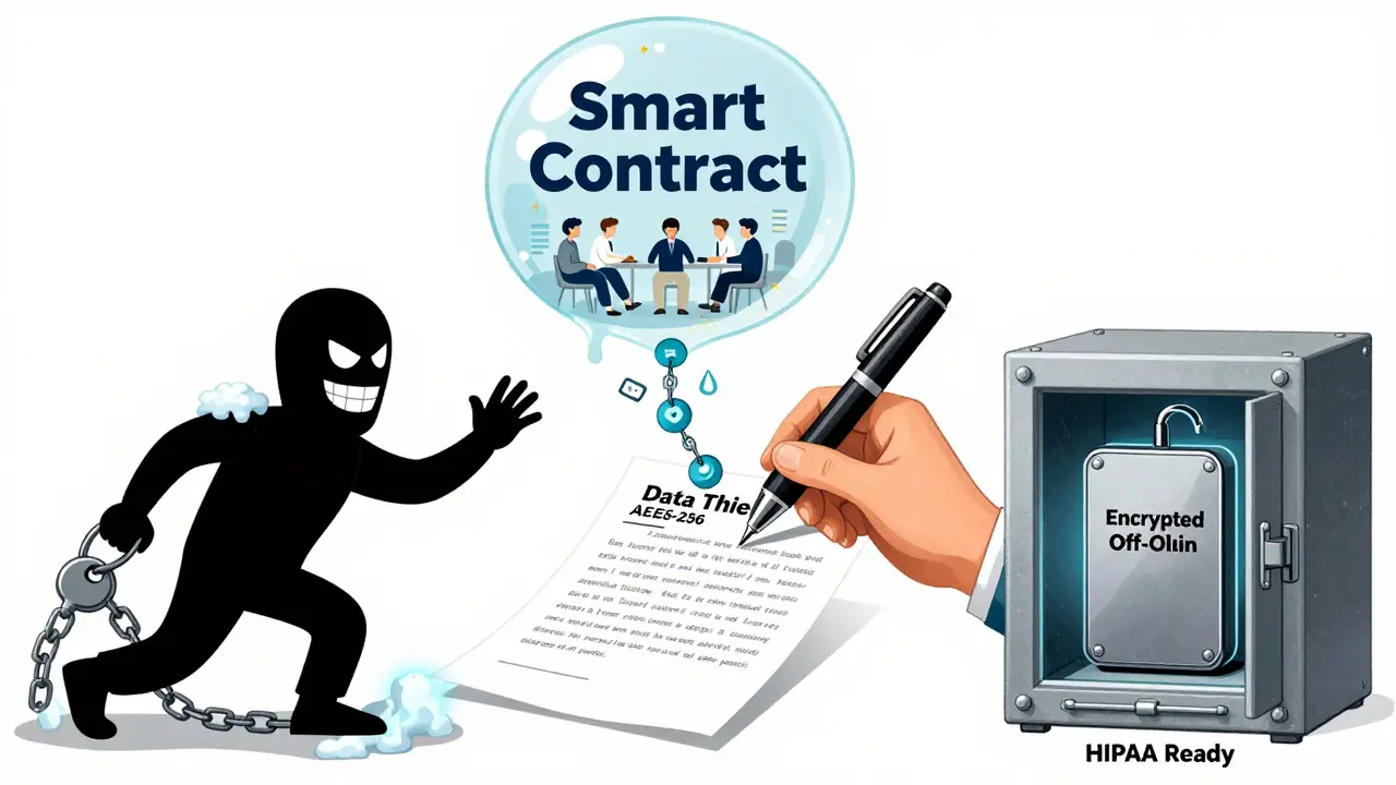A patient signs a digital consent contract that activates a smart contract, while a data thief is frozen by an encryption key.