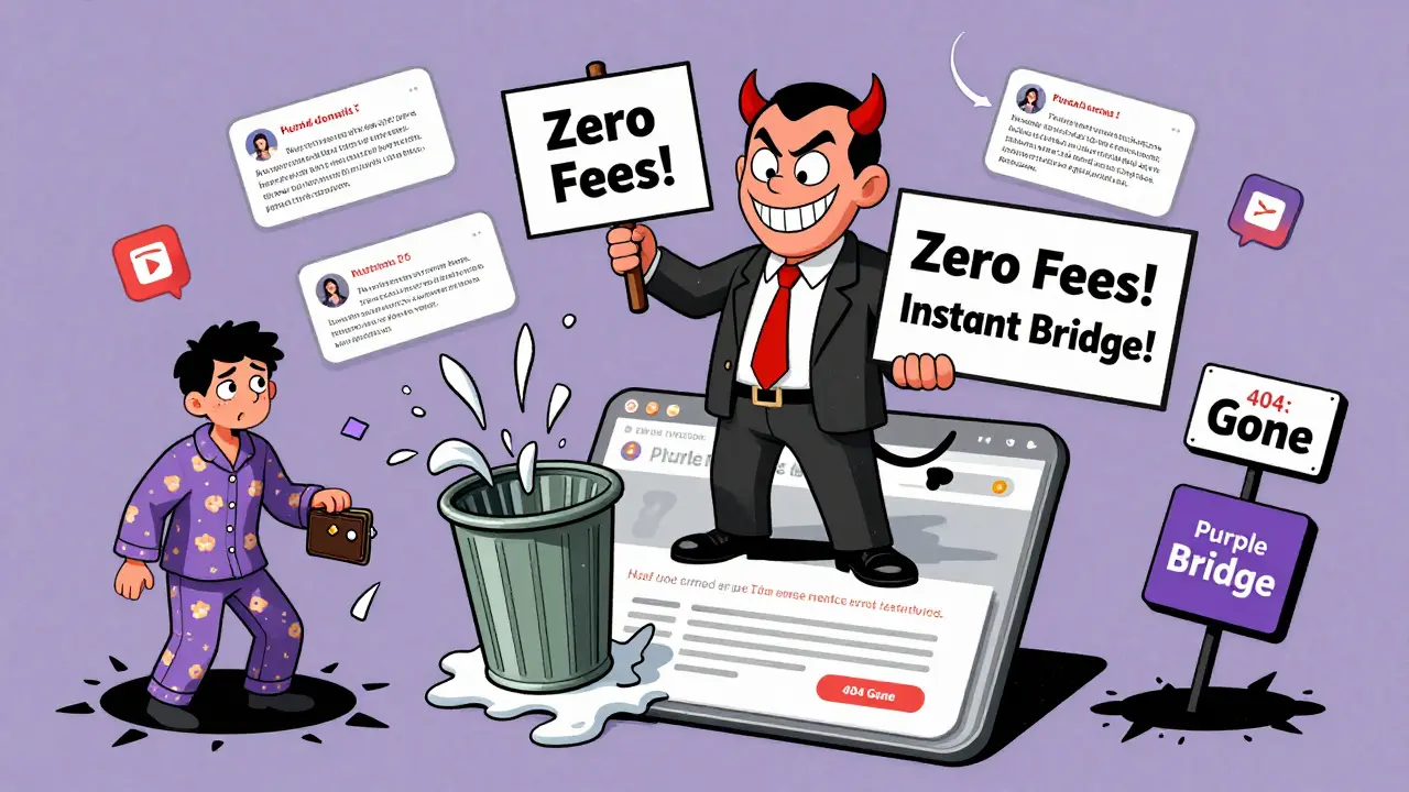 A scammer luring a user with fake promises as the Purple Bridge website melts into trash, surrounded by disappearing social media icons.