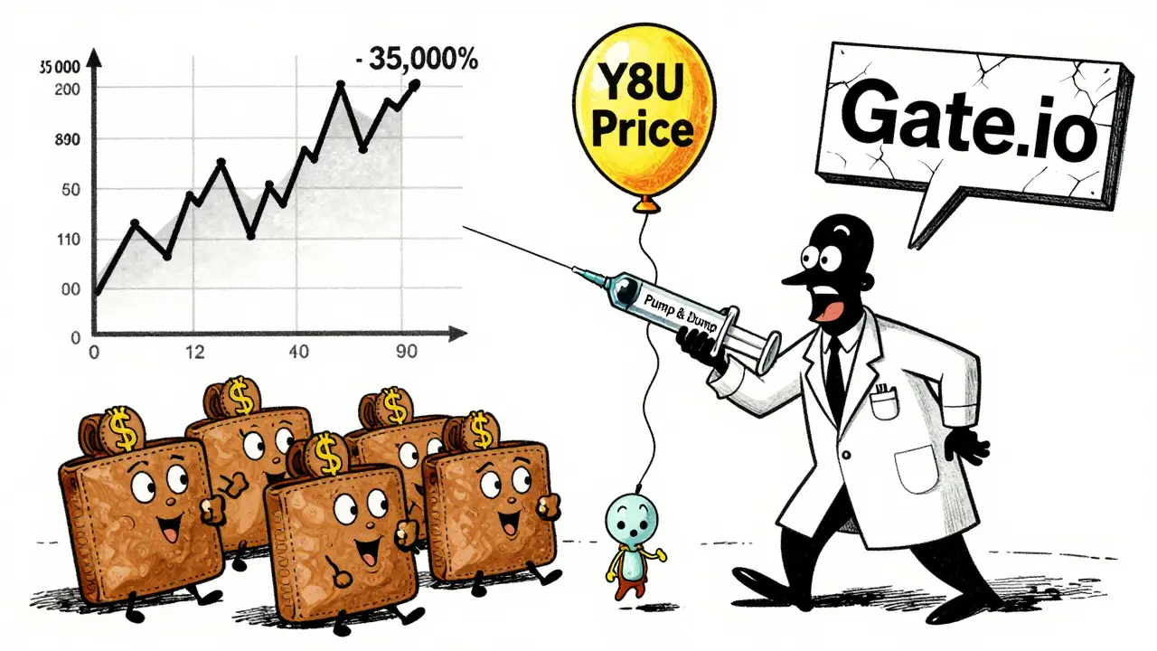 A shadowy figure injects a 'Pump &amp; Dump' syringe into a fragile Y8U price balloon.