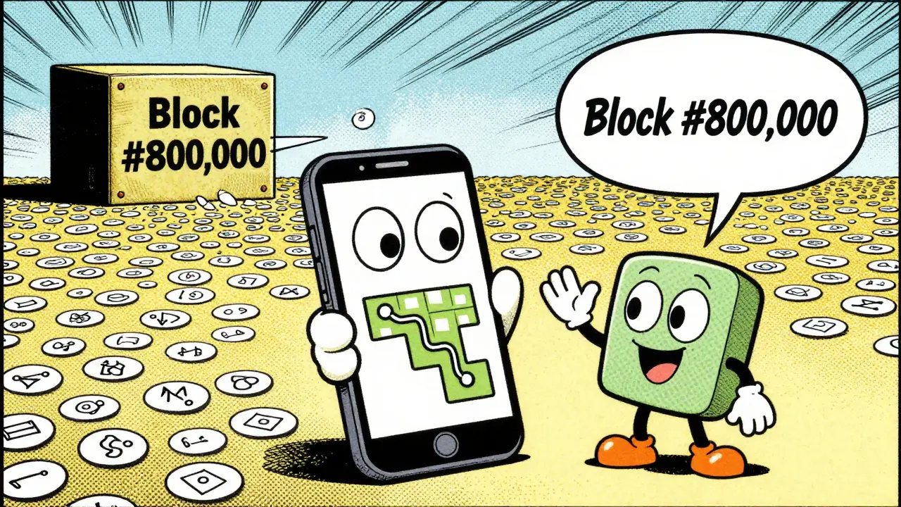 A smartphone holds a tiny Merkle proof path, pointing to a distant block header while a massive block body stretches behind it in comic style.