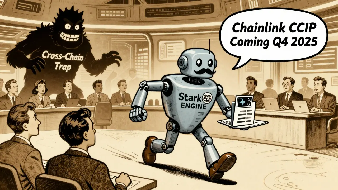 A speedy robot named StarkEx delivers trades to traders while a cross-chain trap looms nearby.