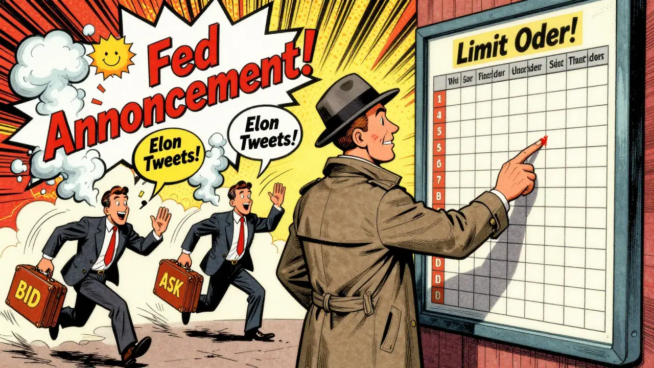 A trader placing a limit order while market makers flee from news-driven chaos, illustrating smart trading tactics.