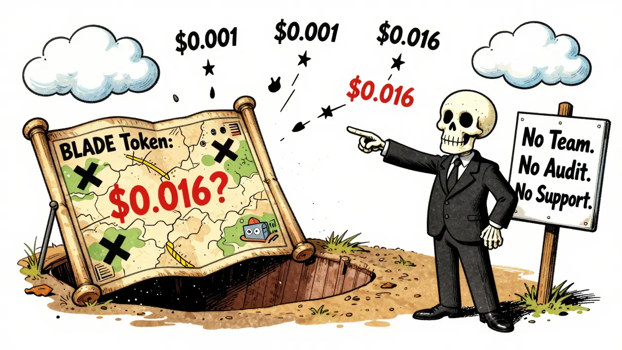 A treasure map to BLADE token prices leading to a bottomless pit, with a skeleton pointing to warning signs.