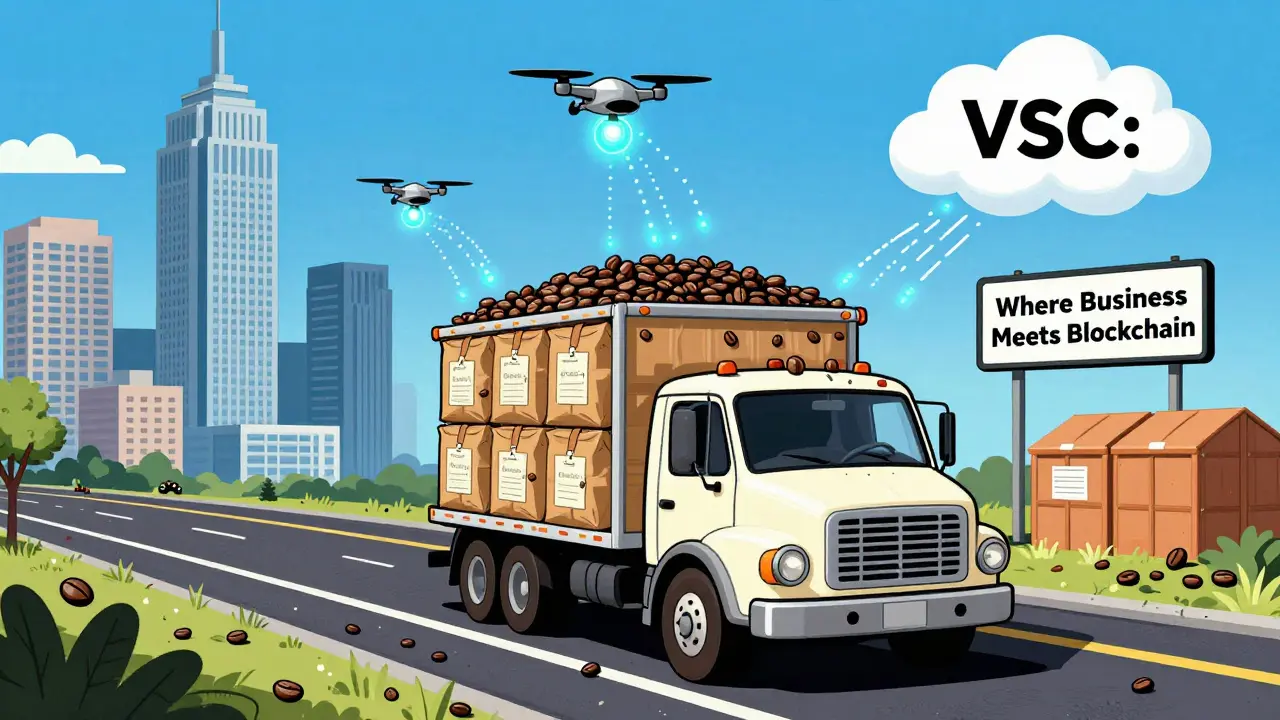 A truck driver delivers coffee beans on a digital highway with VSG tokens powering tokenized real estate and sensor drones.