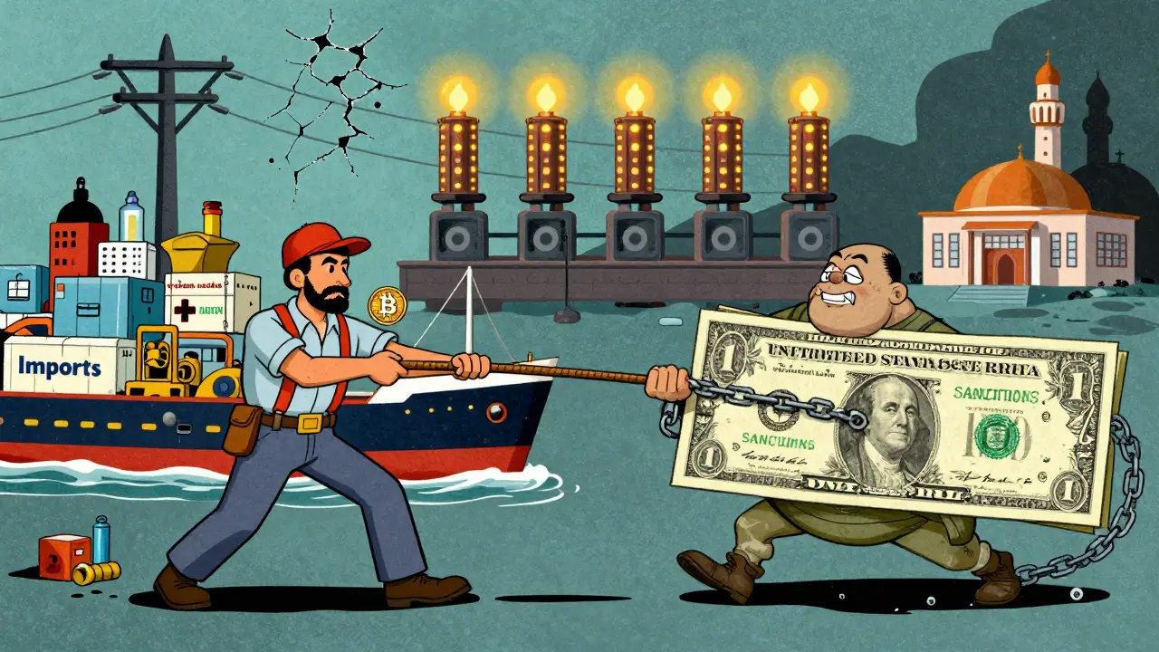A tug-of-war between Bitcoin-fueled imports and U.S. sanctions, with mining rigs glowing in the background as hospitals and homes remain in darkness.