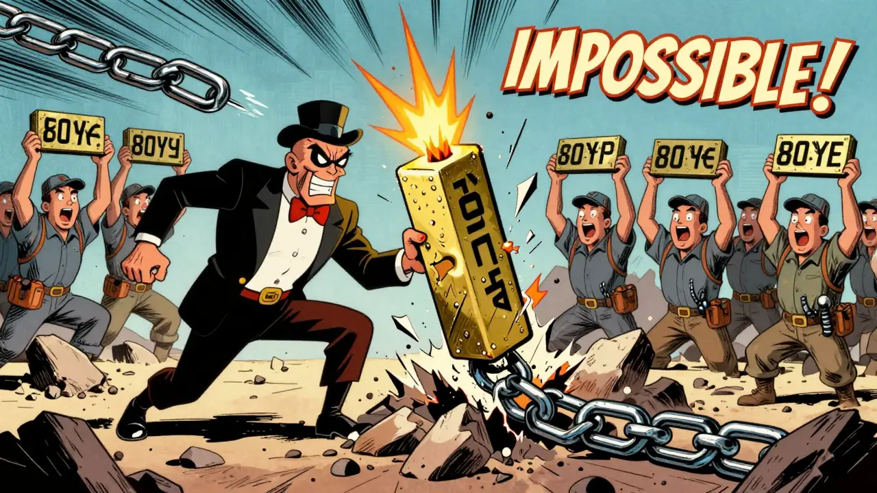 A villain alters a transaction, causing the blockchain chain to break as miners celebrate with their headers, in classic comic book art.