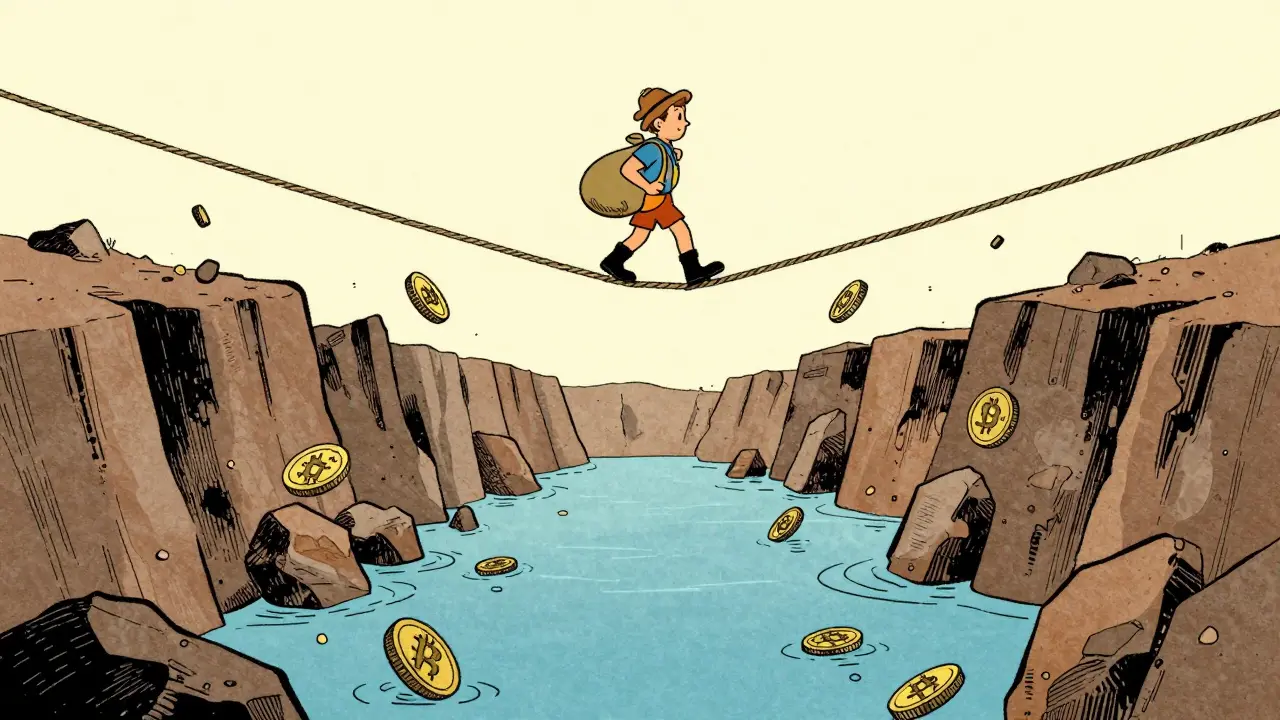 Adventurer walking rope above falling coins.