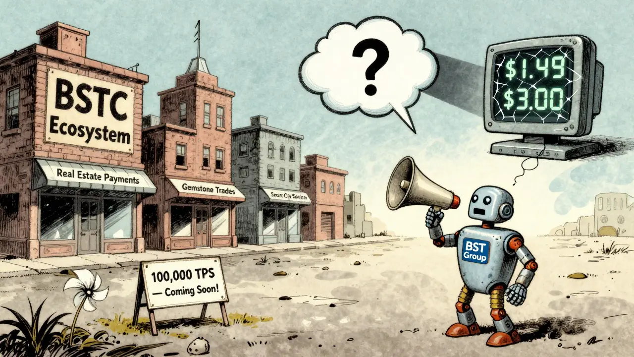 An empty digital town with abandoned businesses, a lone robot shouting into silence, and flickering price tags above a broken monitor.