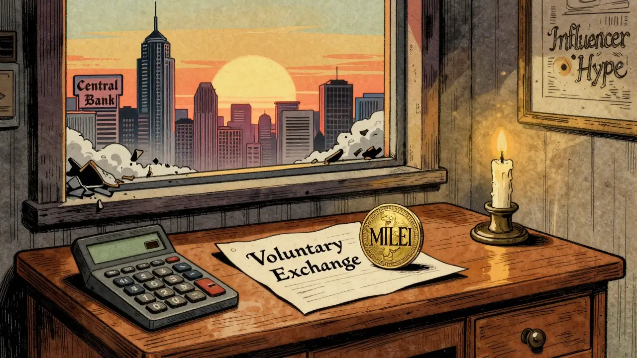 An empty trading floor at dawn with a single MILEI token on parchment, as crumbling symbols of central control fade in the distance.