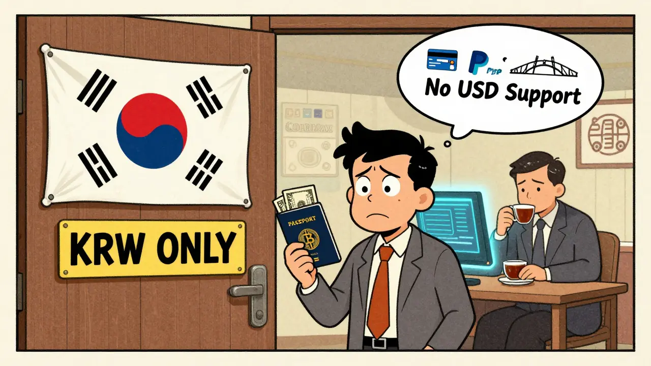 An international user blocked from COREDAX by a 'KRW ONLY' sign while a Korean trader calmly trades inside.