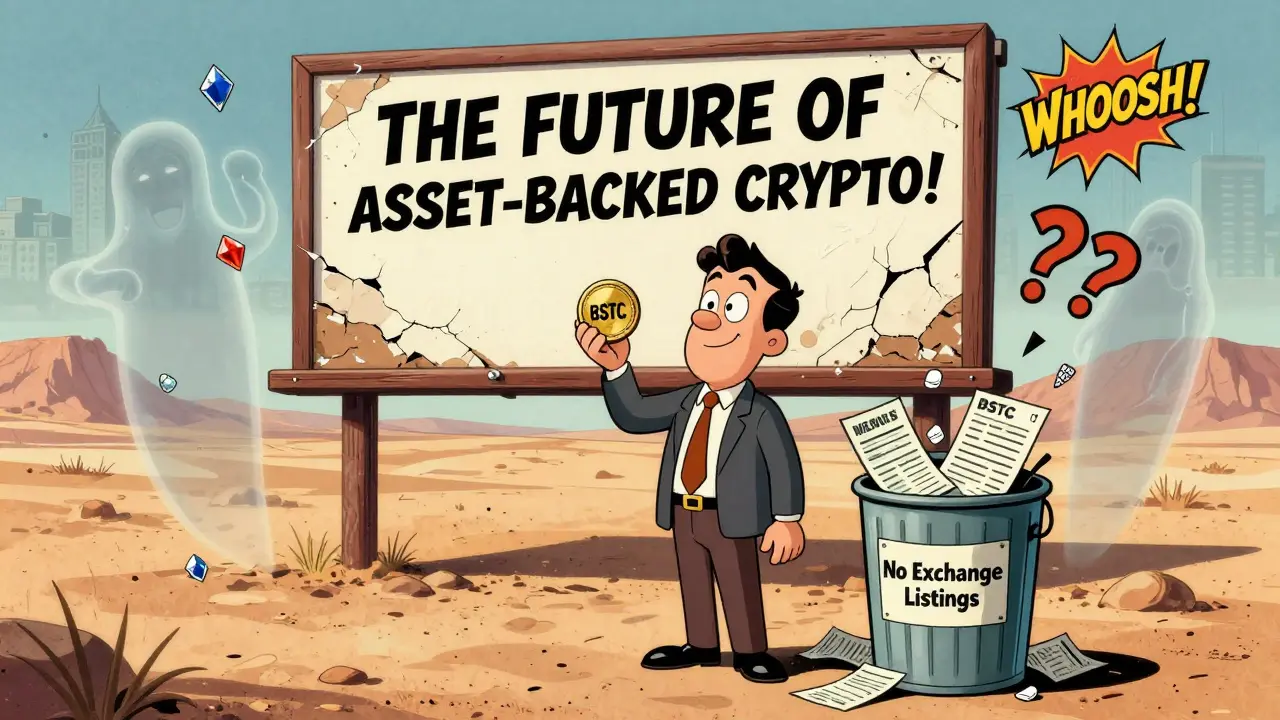 An investor stands before a crumbling billboard for BSTC, surrounded by ghostly assets and trash filled with fake financial charts.