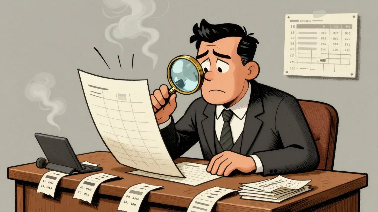 Broker looking at empty chart through magnifying glass.