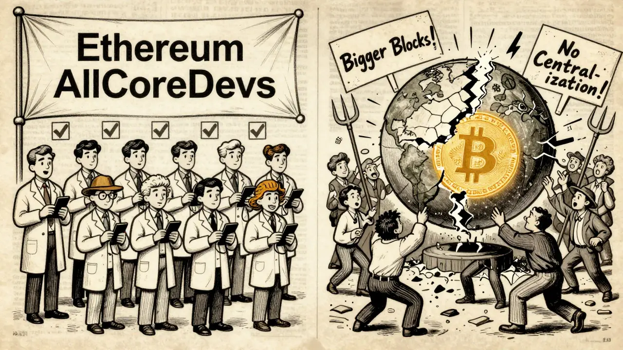 Contrasting cartoon scenes: orderly Ethereum upgrade community vs chaotic Bitcoin Cash split with arguing miners.