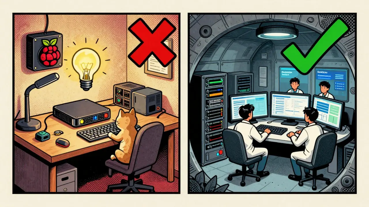 Contrasting home vs professional validator setups in vintage cartoon style, showing chaos versus control.