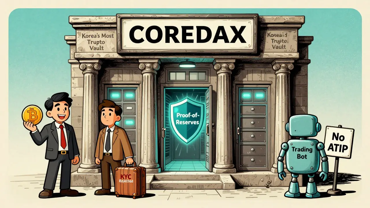 COREDAX as a secure bank building with a Korean trader inside, a rejected foreigner outside, and no API access.