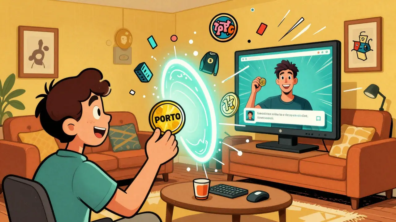 Fan in New York receiving a personalized video message from a Porto player through a glowing PORTO token, digital badges swirling around.