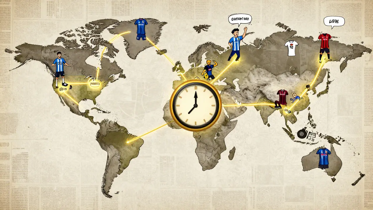 Global map with PORTO token pathways connecting fans to FC Porto’s digital hub, voting on kit design in vintage cartoon illustration.