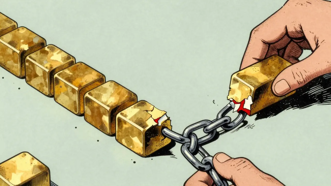 Golden chain splitting into two diverging paths with a broken link.
