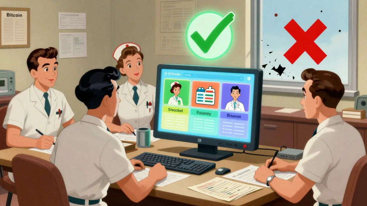 Healthcare workers compare paper records with a modern permissioned blockchain showing role-based data access controls.