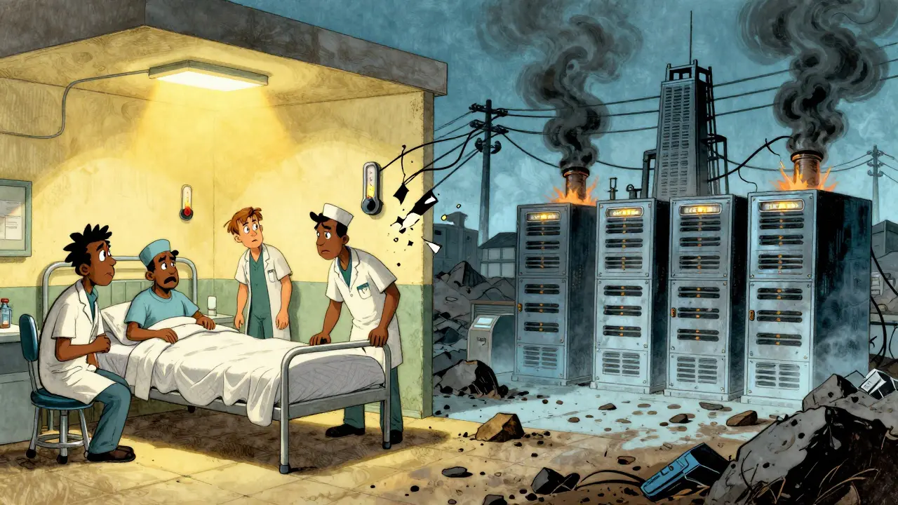 Hospital and mining center connected by stressed electrical grid lines