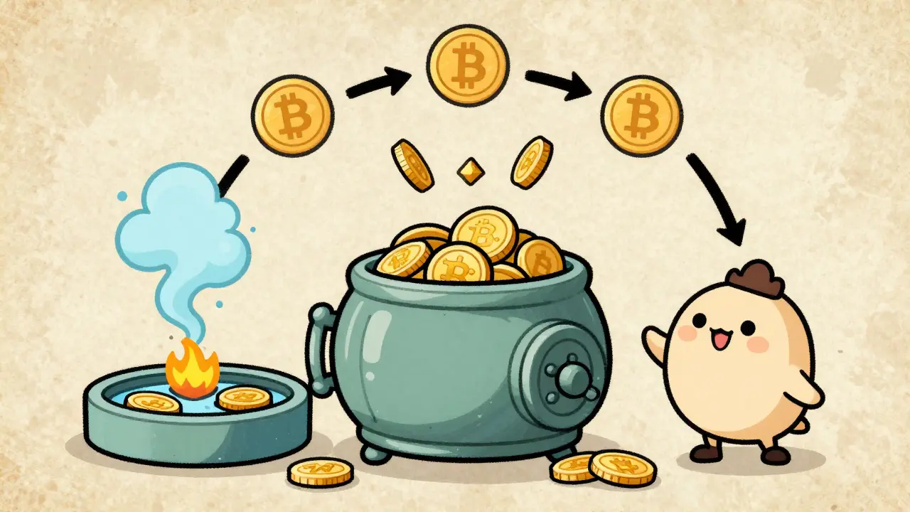 Illustration of coins staking in a vault with smoke and rewards.