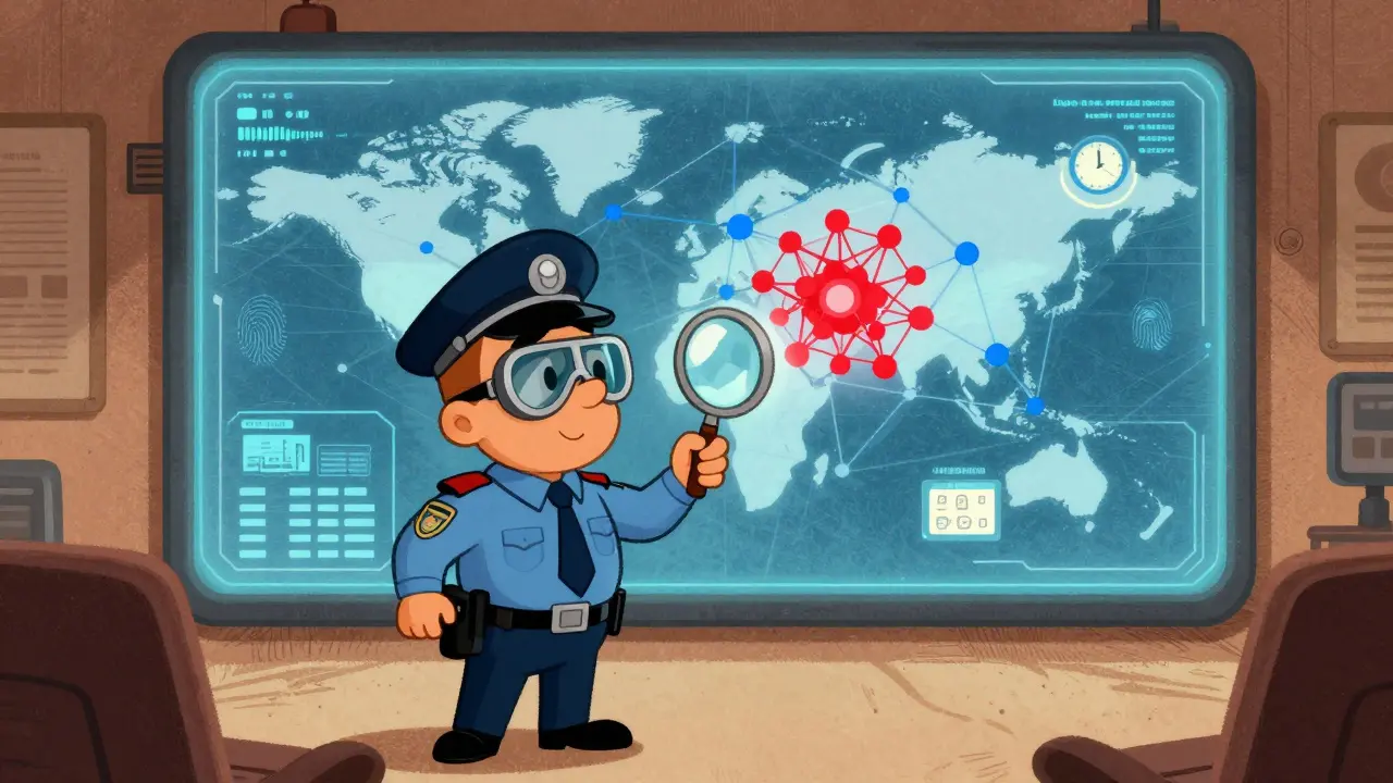 Inspector magnifying a network graph to spot bot clusters